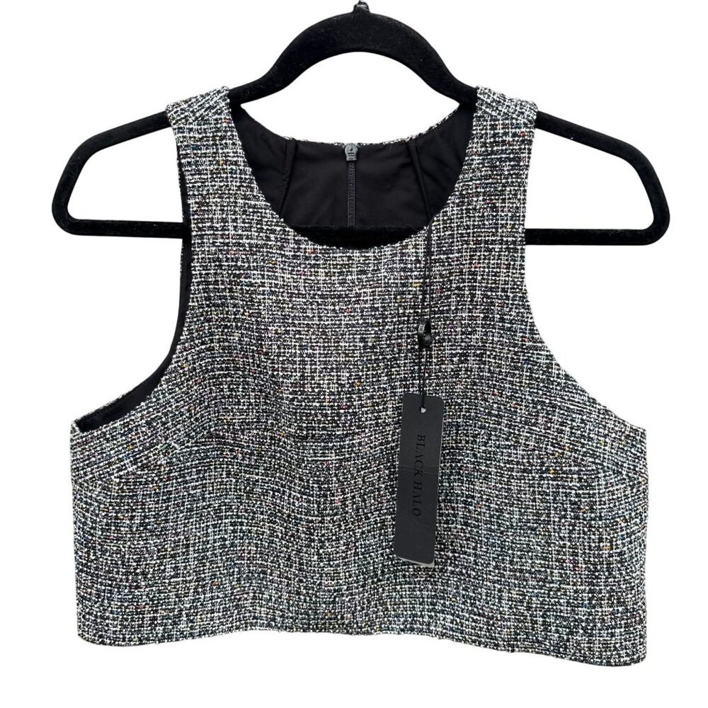 Black Halo Crop Tweed Top Multicolor Accents Sleeveless Zipper‎ Closure Womens S